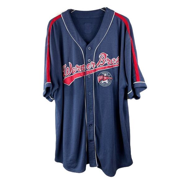 Vintage Warner Bros Baseball Jersey Blue Size XXL Mens Button Down - Picture 1 of 7